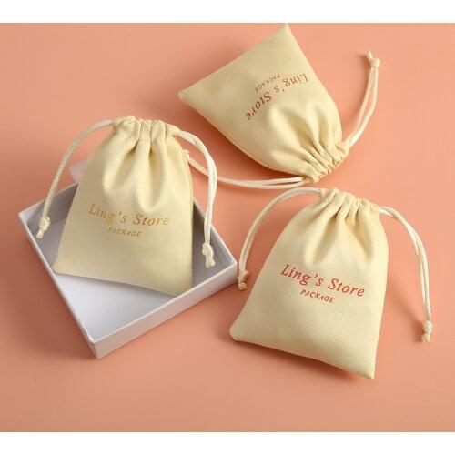 100 Cream Personalized Logo Print Custom Jewelry Packaging Drawstring Bags Skincare Package Cosmetic Bags Flannel Suede Bags