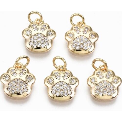30Pcs Brass Micro Pave Clear Cubic Zirconia Charms Cute Pet Dog Paw Prints Pendants For DIY Necklace Bracelet Jewelry Making