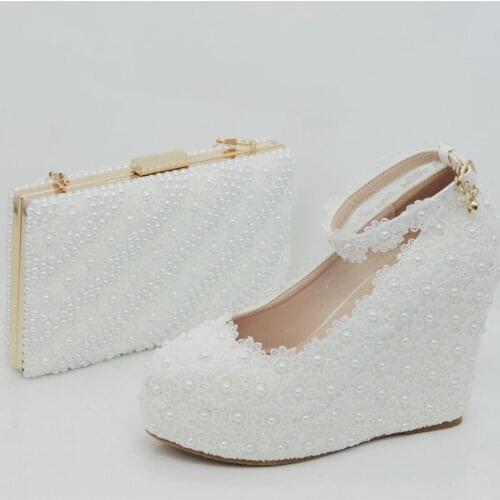 BaoYaFang White Lace Women wedding shoes with matching bags High wedges Ladies Party platform shoes and bags Bride wedding shoes