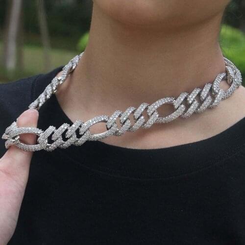 19MM Iced Figaro Necklace in White Gold