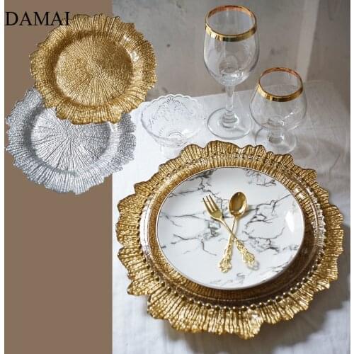 European Vintage Golden Glass Plates Relief Craft Flower Decorative Dinner Plate Dining Table Decoration Trays Kitchen Tableware