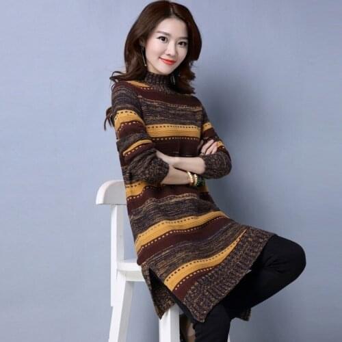 Red Green Yellow Sweater Striped Elegant Turtleneck Long Pullovers Female High Neck knitted dress Women Clothes Fashion Knitwear