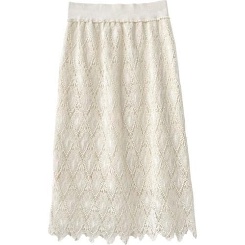 PERHAPS U Black Beige White Lace Elastic Waist A Line Midi Skirt Elegant Solid Autumn S0202