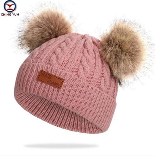 CHINGYUN New Hat Street girl multicolor Fashion Knitted Wool Cap Thick Villus Winter Warm chidren cap Outdoor 2 hair balls hat
