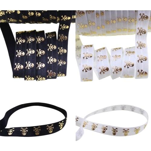 Wholesale Halloween 5/8 inch 16mm gold foil skull printed folded over elastic FOE Ribbon 50yds/roll for hair tie