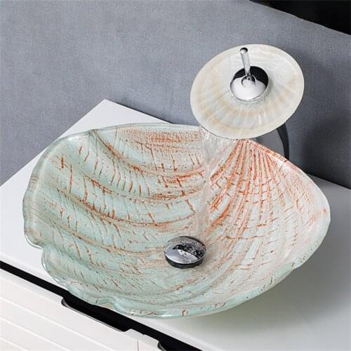 European-style Washbasin Bathroom Hand Painted Waterfall Spout Basin Tempered Glass Wash Basin Above Counter Basin Faucet Set