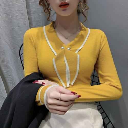Scarf Collar Sweater Women Vintage Europe Outside Wear New Winter Top Female Tide Pearls Patch Color Office Lady Knitted