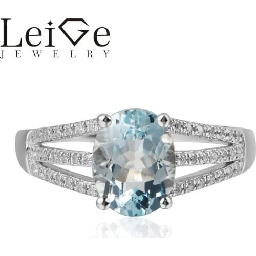 Leige Jewelry Genuine Aquamarine Gemstone Oval Cut Anniversary Gemstone Anniversary Rings For Woman 925 Sterling Silver