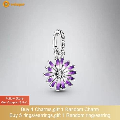 Volayer 925 Sterling Silver Purple Daisy Dangle Charm fit Original Pandora Bracelets for Women DIY Jewelry Making