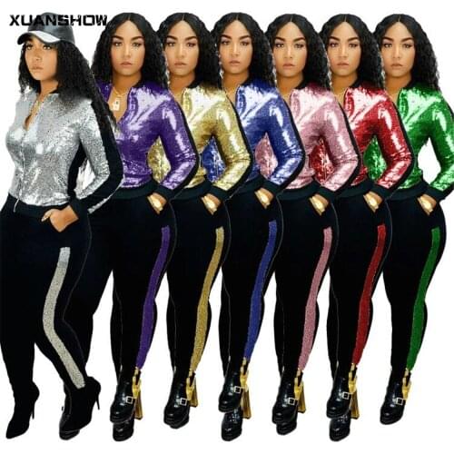 XUANSHOW 2021 Fashion Womens Zip Up Color Block Sequin Jacket and Striped Long Pants 2 Piece Tracksuit Suit Sets Chandal Mujer