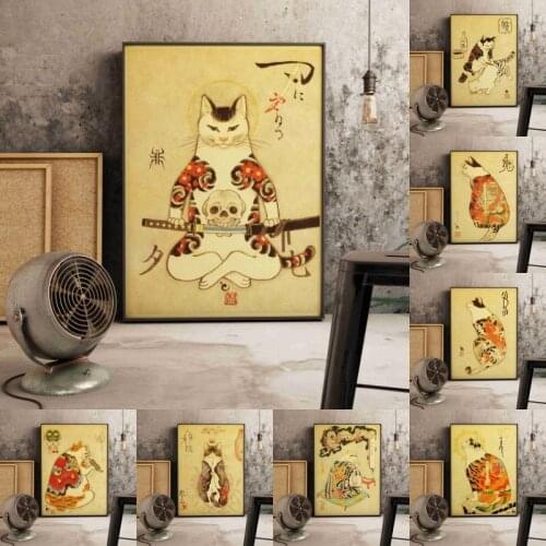 Japanese floating decorative samurai cat retro style home wall decoration art poster canvas painting Room Decorative picture 977