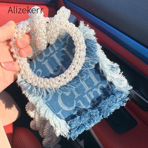 Pearl Ring Chain Denim Shoulder Bag Women 2020 New Designer Letter Printing Crossbody Bag Ladies Mini Purses Fashion Personality