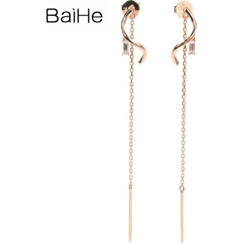 BAIHE Solid 18K Rose Gold 0.10ct H/SI Natural Diamonds Stud Engagement Trendy Fine Jewelry long Earrings Women Ear wire серьги