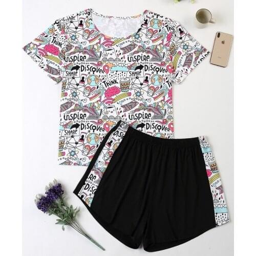 Plus Size 4XL Women Summer Nice Pajama Sets Cartoon Printing Short Sleeve Pajamas Faux Silk Shorts Pyjamas Loungewear Autumn