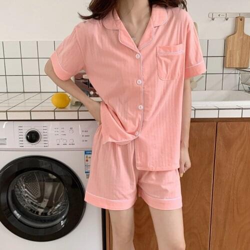 2021 Womens Solid Color Pajamas Set Summer Short Sleeve Shorts Sleepwear Korean Girl Cotton Lapel Pink Yellow Nightwear