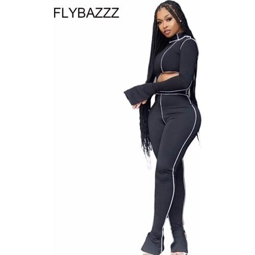 Fitness Sporty Workout Casual Two Piece Set Women Bodycon One Shoulder Long Slit Sleeve Outfits Asymmetrical Top+Pants Yoga Sets