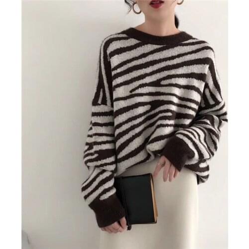 2021 New Oversized Sweater Women Harajuku Loose Pullovers Ladies Soft Striped Zebra Batwing Sleeve Chic Korean Tops