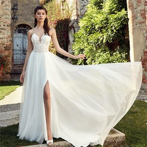 Sheer O-Neck Lace Appliques Split Side Long Wedding Dress Sexy Women Garden Bridal Gown Formal Spring With Buttons Back