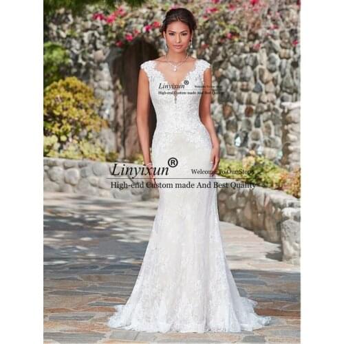 Elegant V-neck Tulle Mermaid Wedding Dresses with Applique Full Lace Sweep Train Zipper Back Bridal Dress 2021 Vestidos De Noiva