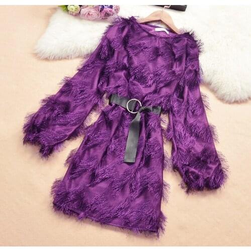 Women Feather Dress With Bow Belt Tassel Long Sleeve High Waist Solid Bodycon Lady Mini Dresses Woman Vestido Female Y177