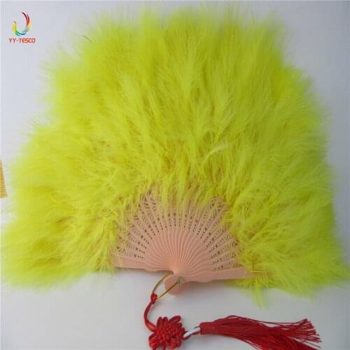 10pcs Color Thicken Fluffy Folding Marabou Feather Hand Fan Girls Dance Performance yellow Fan Party Favors wedding decoration
