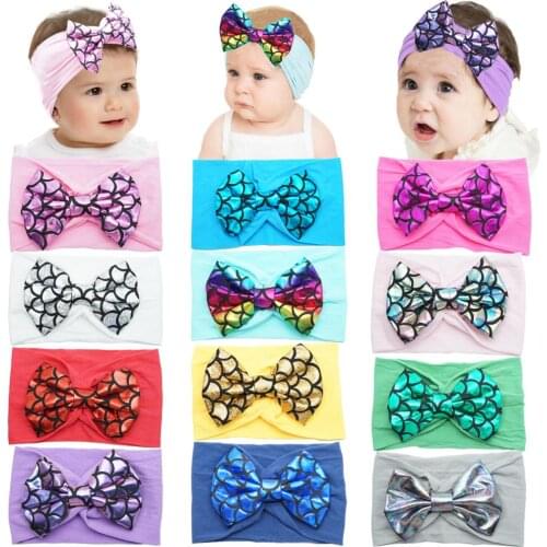 12 Colors Handmade Baby Girls Headbands Nylon Newborn Headbands Mermaid Hair Bows Elastics Soft Bands for Newborns Infants Toddl
