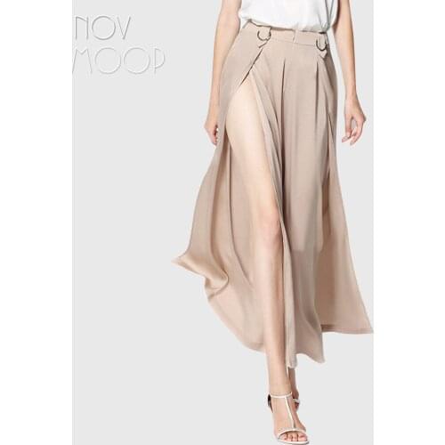 Office style spring summer women khaki natural silk sexy side split wide leg pants trousers broeken ropa pantalones mujer LT2102
