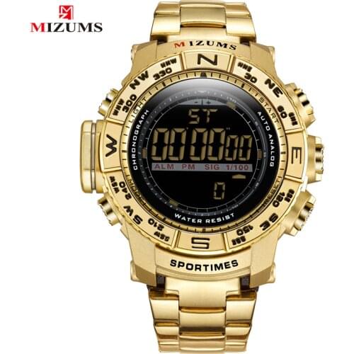 Mizums Chronograph Gold Mens Watches LED Digital Sport Watch for Man Stainless Steel Band Alarm Waterproof Male Clock Wristwatch