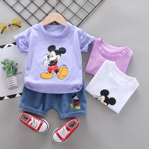 Disney childrens summer clothes for boys and girls cartoon Mickey mouse short-sleeved suit 0-4 years old children pure cotton