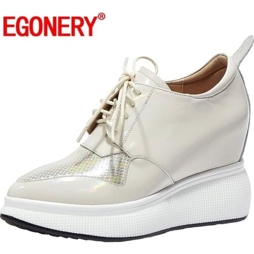 EGONERY Leather Wedge Shoes Office European Woman Casual Pointed Toe Shoes 2020 Spring Autumn 6cm High Heels womens Shoes