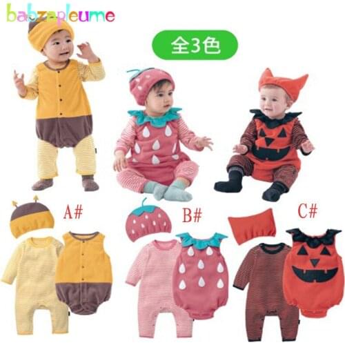 3PCS/0-18Months/Spring Autumn Newborn Clothing Set Baby Clothes Cartoon Cute Pumpkin Bodysuit+Rompers+Hat Infant Jumpsuit BC1341