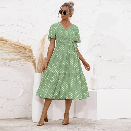 Summer Sexy V Neck Cross Floral Printed Patchwork Dress With Belt Womens Boho Flare Sleeve Polka Dot Midi Dresses Femme Vestidos