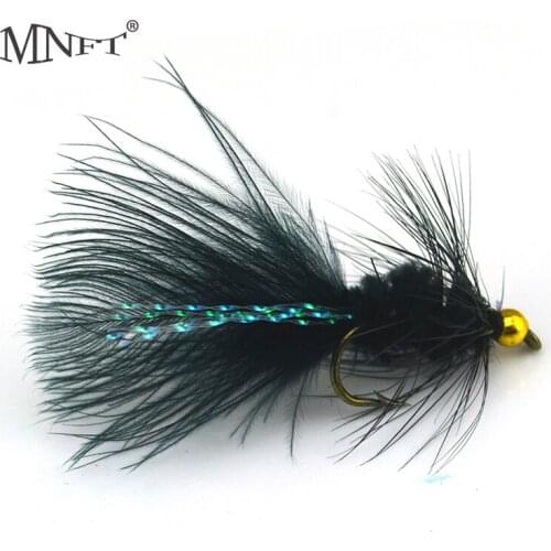 MNFT 10PCS Black Woolly With Flashabou Crystal Decorated Tail Fly Fishing Lure Streamer Bead Golden Head 8