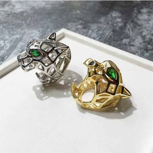 Trendy Hollow Leopard Animal Finger Ring Green Eyes Hollow Panther Heads Ring for Men Women High Quality Party Jewelry