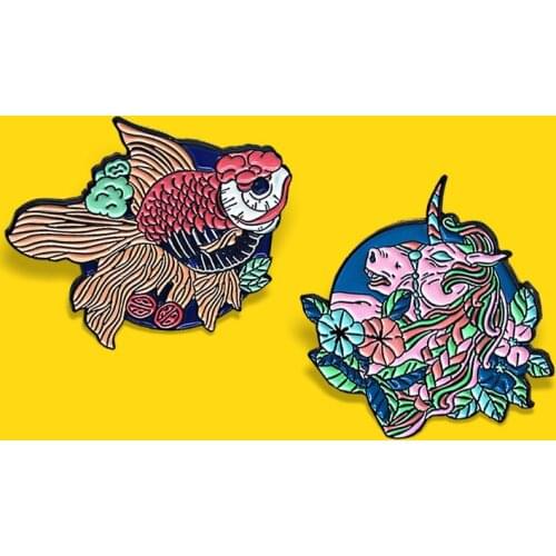 Fashion Fish Goldfish Horse Enamel Pins Flowers and plants One horn horse Animal Brooches Lapel For Woman Jewelry Gift Wholesale