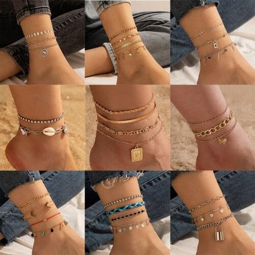 Docona Multilayer Elephant Heart Anklet Set for Women Bohemia Butterfly Crystal Shell Metal Alloy Anklets Beach Party Jewelry