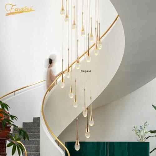 Postmodern LED Crystal Chandeliers Water Drop Hanging Lamp Luxury Duplex Spiral Staircase Lights Living Room Decor Light Fixture
