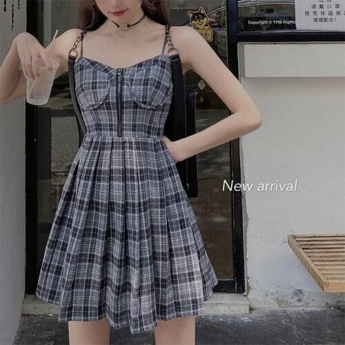 Dark Gray Grid Sexy Dress Spaghetti Strap Female High Waist Pleated Club Dresses For Women Short Summer Mini Sleeveless Vestidos