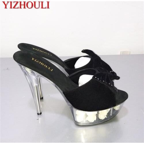15 cm high heels, collocation sexy rose adornment slipper, sexy nightclub princess, banquet dance shoe