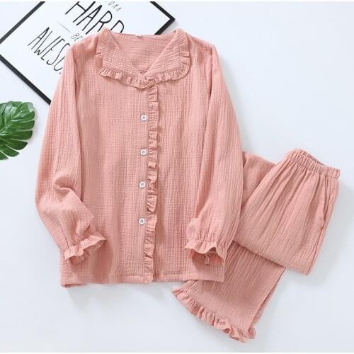 Spring Pajamas Women Long Sleeve Cotton Sleepwear Princess Style Sweet Pure Color Thin Loungewear 2 Piece Nightwear Home Suit