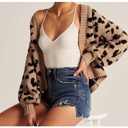 Spring Autumn 2021 All-match Loose Long-sleeved Leopard Print Lantern Sleeve Knitted Cardigan Sweater Female Outerwear Chic Tops