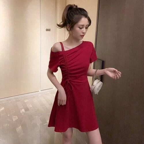Green Black Ruched A-Line Dress Women Drawstring Short Sleeve Mini Party Dress Solid Basic Skinny Casual Dress Women Short 2020