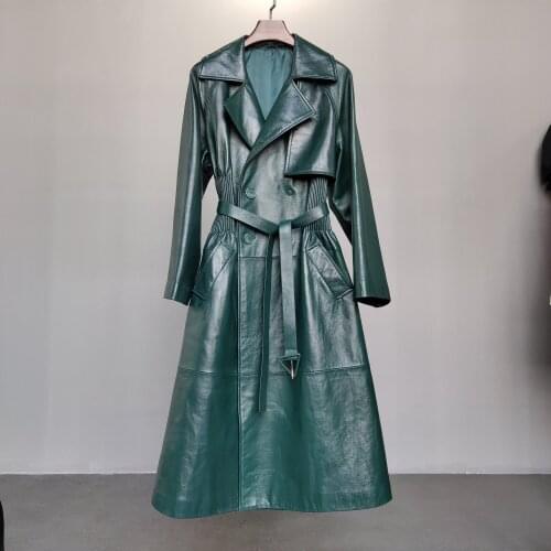 Autumn Winter New Mid Long Slim Commuter Sheepskin Real Leather Clothes Womens Windbreaker Genuine Leather Maxi Green Jacket