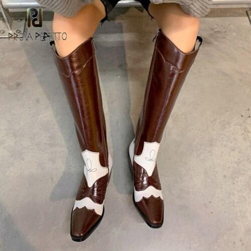 Color Block Western Boots Autumn and Winter Square Toe Color Block Stitching Thick Mid-heel Side Zipper Womens High Boots