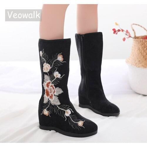 Veowalk Autumn Womens Cotton Fabic Mid-Calf Boots Chinese Embroidery Hidden Wedge Heel Comfort Fall Shoes Ladies Boas