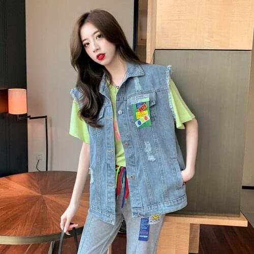 Heavy work nail beaded denim vest women 2021 spring/summer wear sleeveless hole-breaking denim jacket casual creative jacket