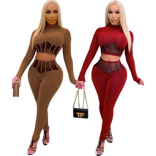 Women Casual Outfits Two-piece Set Solid Color Plush Patchwork Through Mesh Sexy Slim Elegant Long Sleeve Short Tees Pants Suit