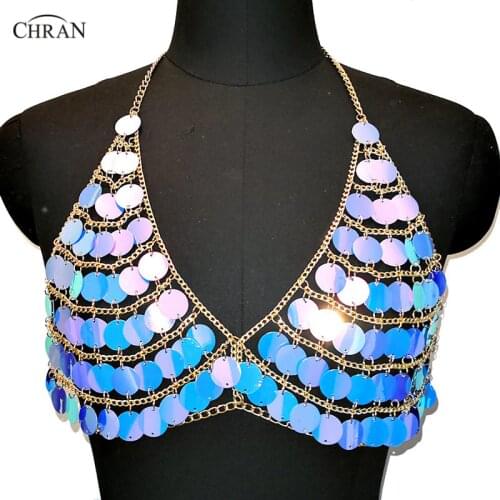 Chran Seascale Mesh Bra Bralet Womens Sequins Metal Chain Crop Tops 2018 Summer Harness Halter Necklace Nightclub Party Jewelry