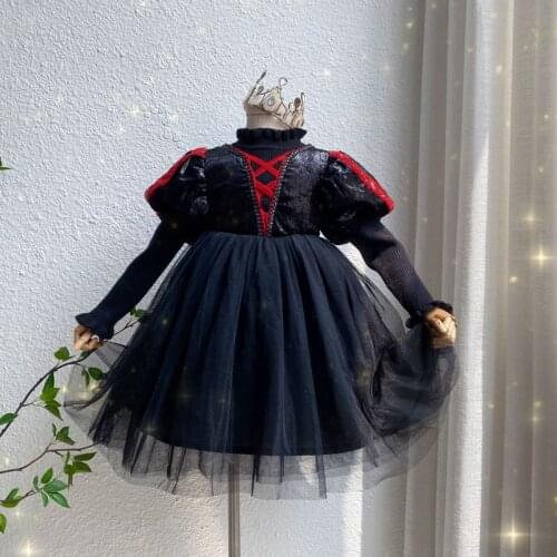 Girl black Cross halloween dress kids puff sleeve knitted long sleeve princess dress wholesale