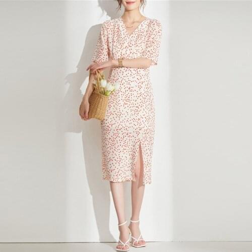 White mulberry silk printed red fruit floral dress women summer long work boho beach office sexy party luxury dresses plus size